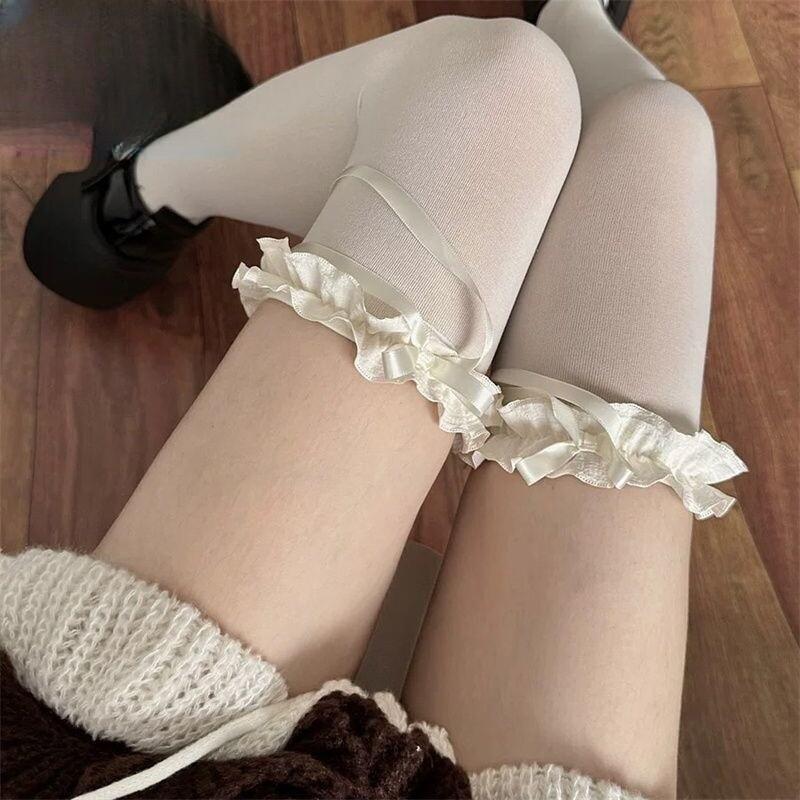 Ballet-Style Bow Over-The-Knee Socks Lace Socks Jk Style Openwork Socks
