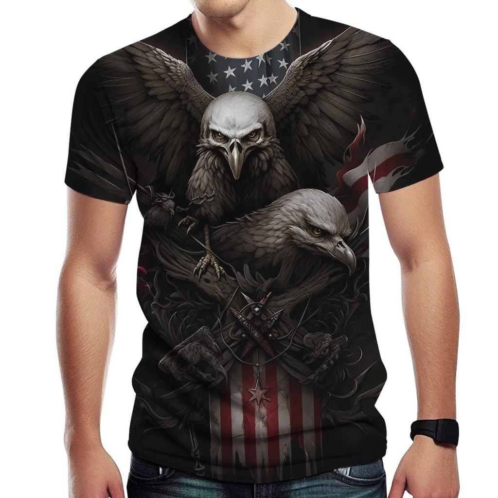 Summer Round Neck 3D American Eagle Pattern Print Top Fashionable Casual Short Sleeved Men's T-shirts