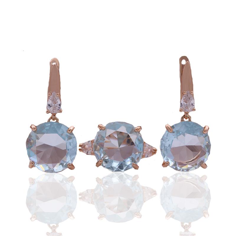 PATAYA Rose Gold Color Inlaid Light Blue Round Shape Artificial Zircon Set