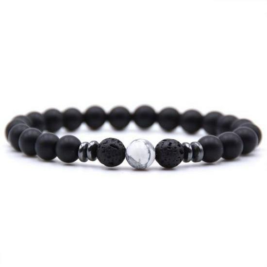 Women's Energy Yoga Bracelet: 8mm Frosted Black Volcanic, Amber & Weathered Stones