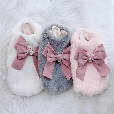 Cães e gatos vestido colete de pele sintética e arco design casaco de cachorro de estimação jaqueta roupa de inverno
