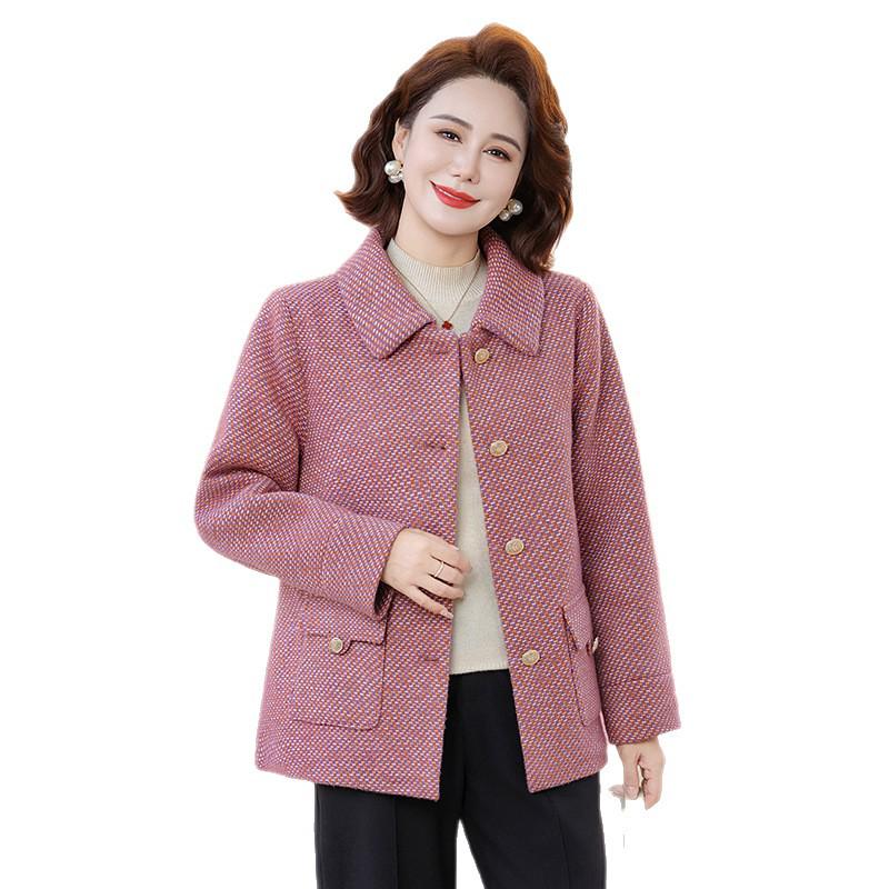 Mom's 2026 Plaid Woolen Coat: Stylish Fall/Winter Turn-Down Collar for Middle-Aged & Elderly Women