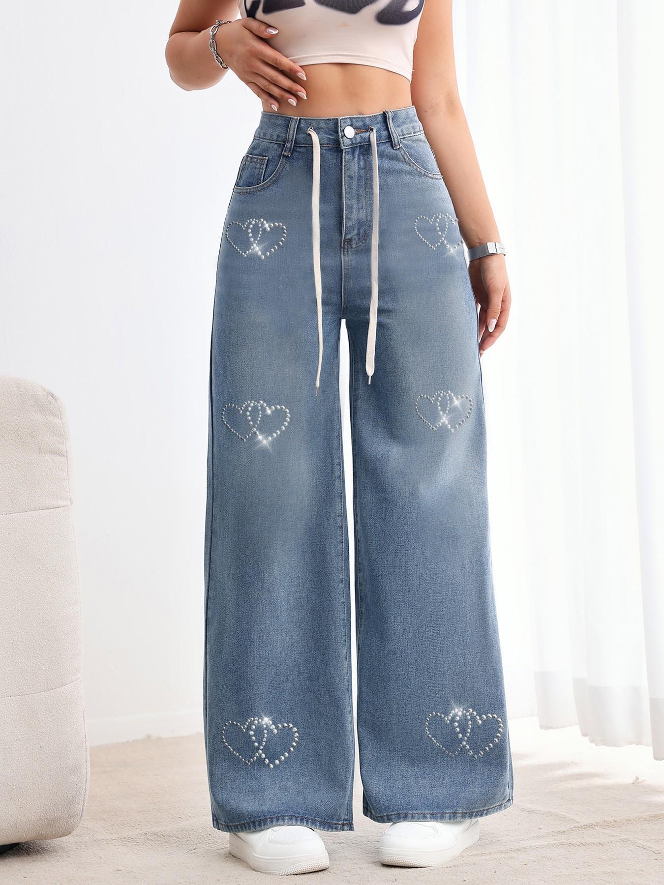 TEMU Women s Washed American Retro High-Waist Wide-Leg Jeans with Love Studs Extra Large