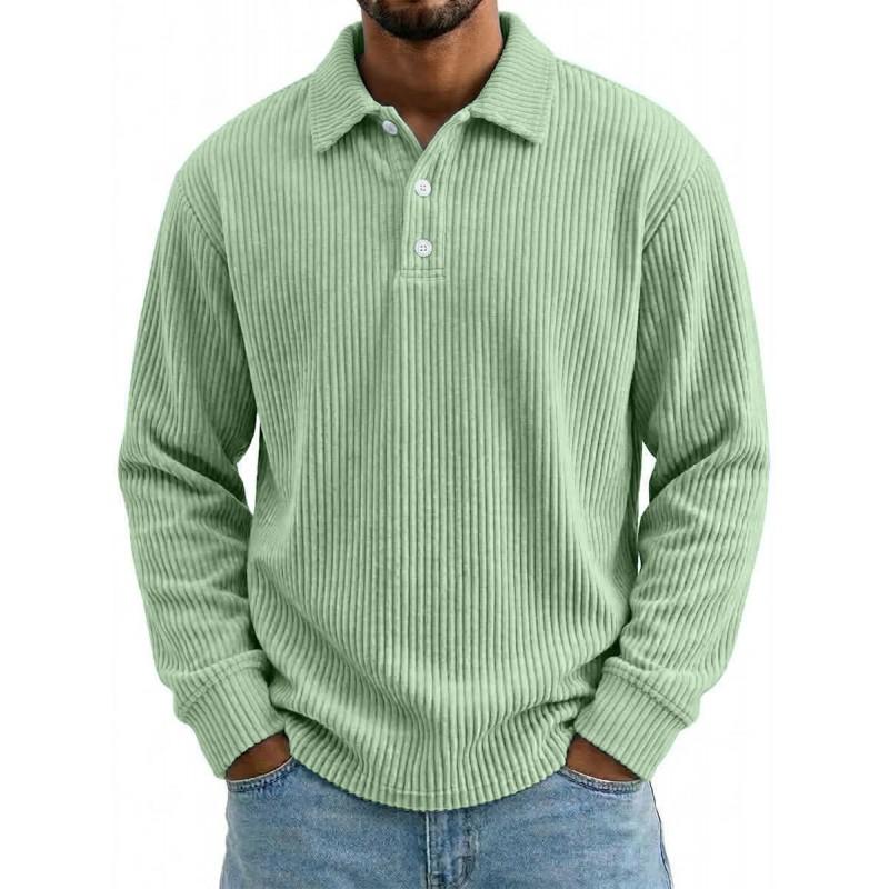 Mens Solid Corduroy Relaxed Fit Long Sleeve Polo Shirt Casual Wear
