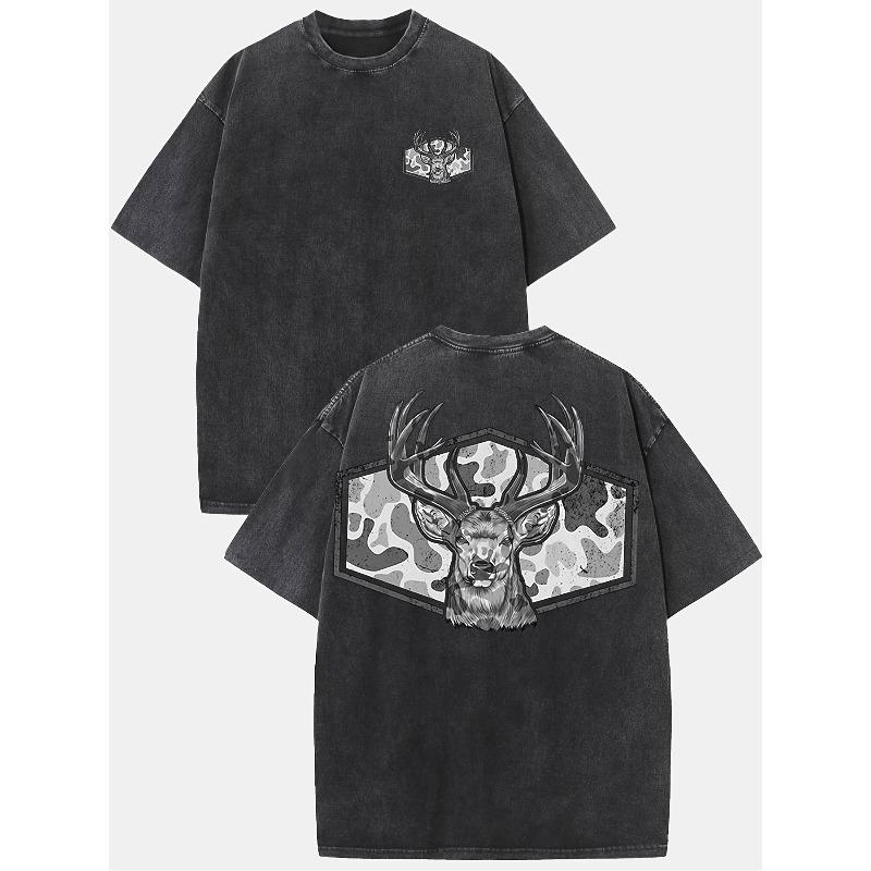 Camo Deer Head Graphic Cotton Retro Street Double-Sided Printed Pattern Men's Vintage Summer Clothing Drop Shoulder Sleeve Round Neck Top Short Sleeve