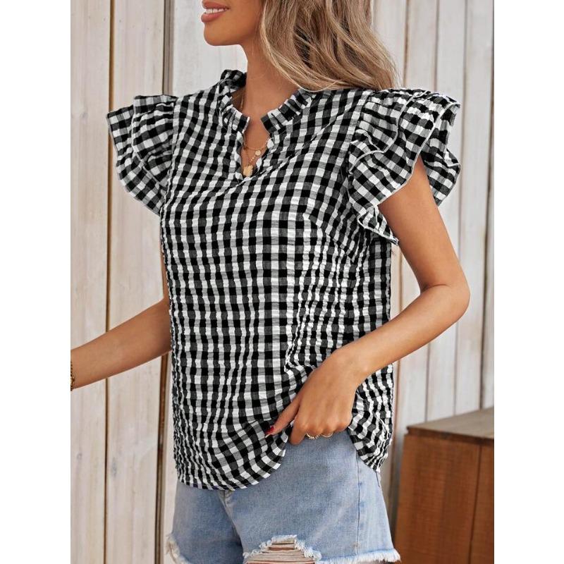 Blouse à imprimé carreaux d'été à volants double épaisseur pour femme, chemise douce et mignonne à col en V, hauts à manches courtes à carreaux pour femme, vêtements décontractés simples et amples