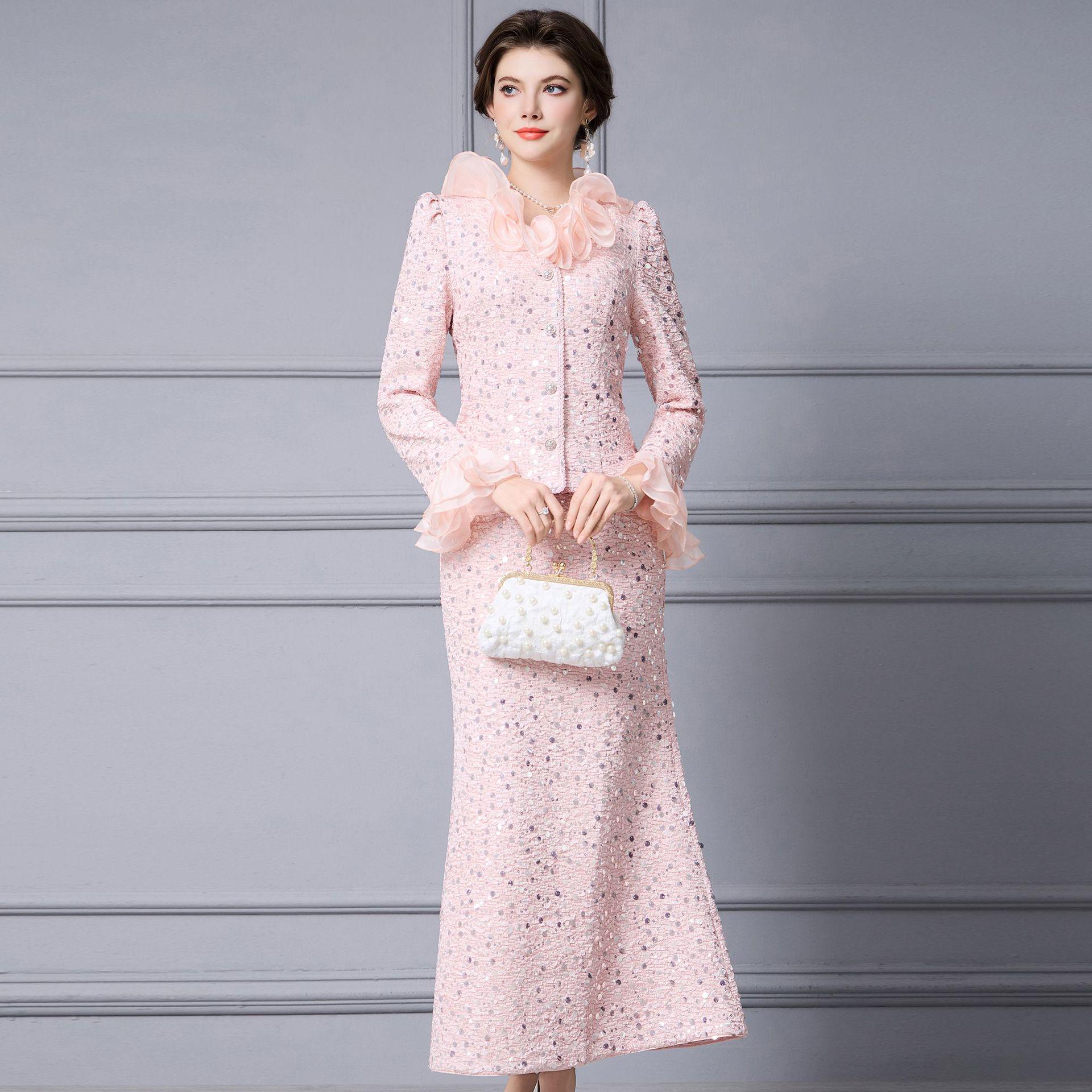 Zhi Li 2026 Women s Chic Woolen Coat & Fishtail Skirt Set M розовый