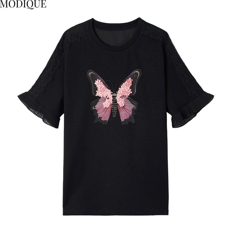 MODIQUE Spring Summer Plus Size New Women Loose Solid Balck Vintage Fashion Print Blouse Shirts Female Casual Oversize Short Sleeve V-Neck Top