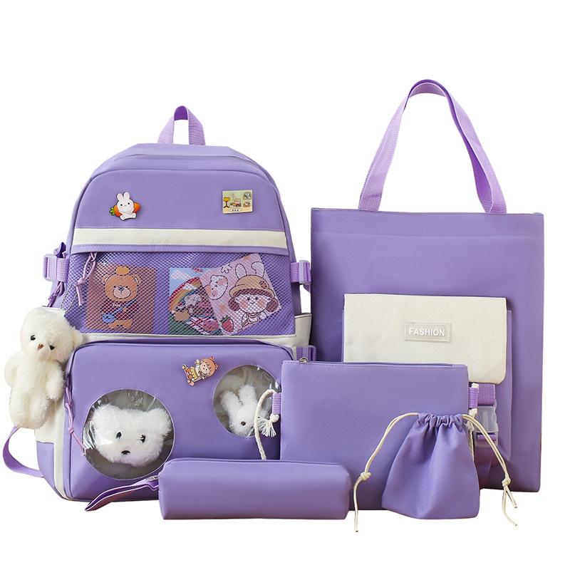 School bag backpack female primary school students cute school bag five-piece set high value large capacity junior high school leisure backpack