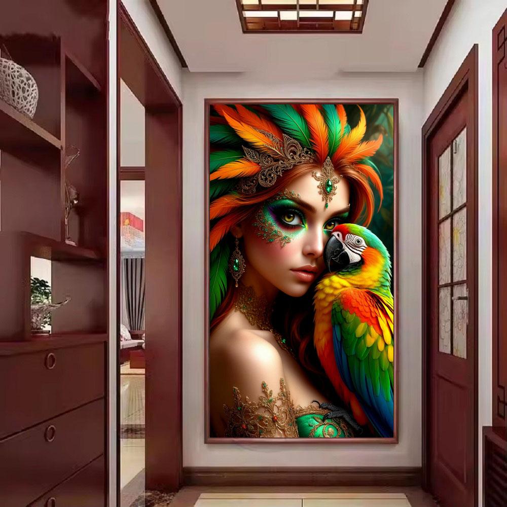 Fantasy Girl and Rhinoceros Parrot Picture DIY Diamond Painting Cross Stitch Full Drills Diamond Mosaic New Collection Home Decor
