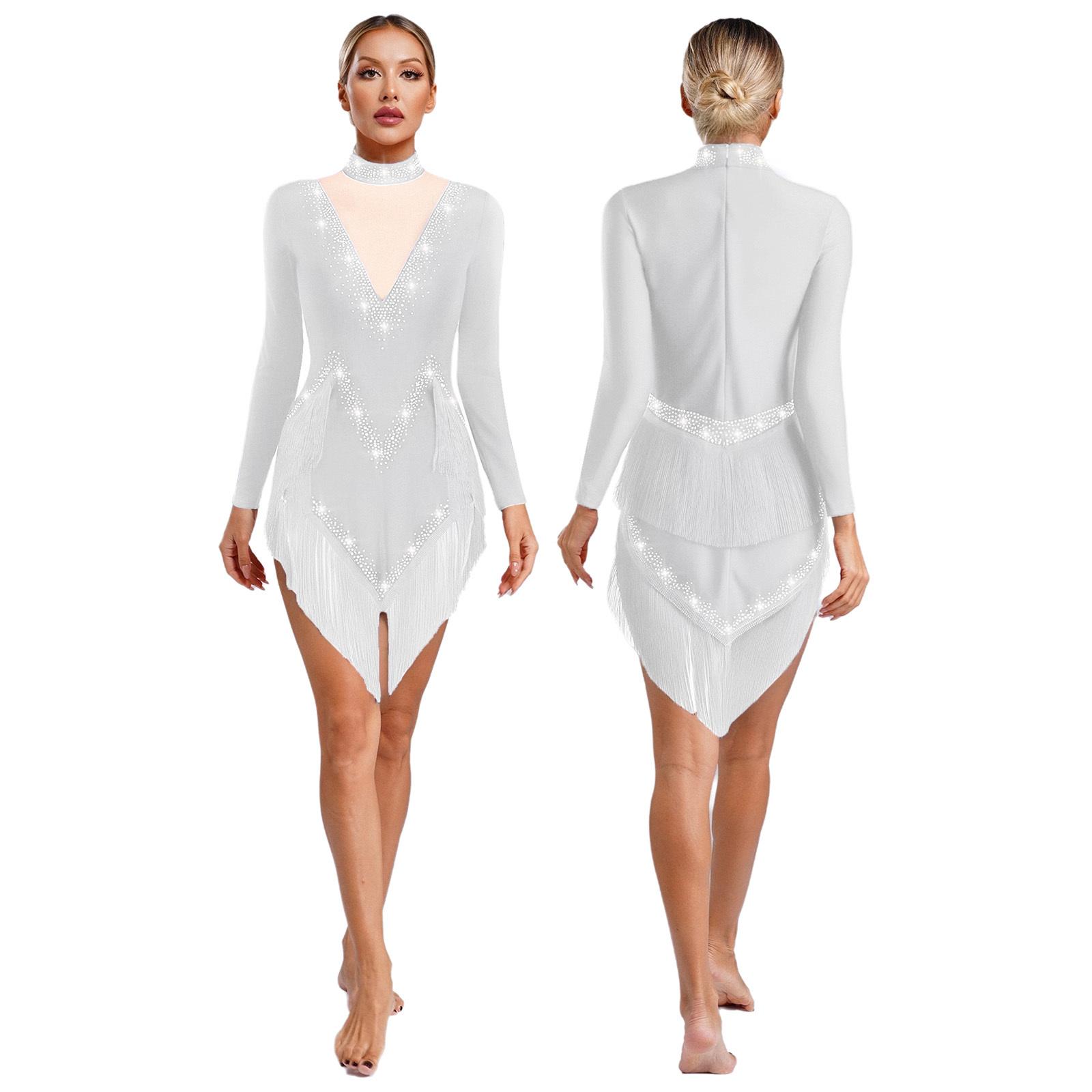 

Женское платье для латиноамериканских танцев S-XXL - Блестящие стразы, воротник-стойка, длинный рукав, с бахромой и неровным подолом, сценический костюм S белый