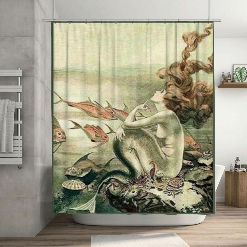 Vintage Mermaid Shower Curtain with Fish Design Waterproof Fabric Decor for Bathroom