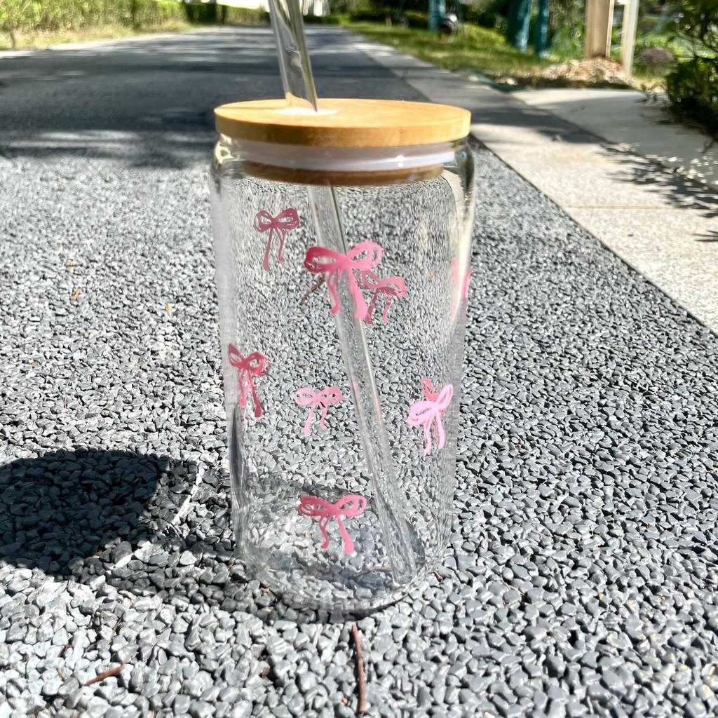 Cute Butterfly Knot Glass Cup with Bamboo Lid and Straw, Birthday Gift, Cold Drink Pattern, Holiday Gift, 500ML/16.9oz