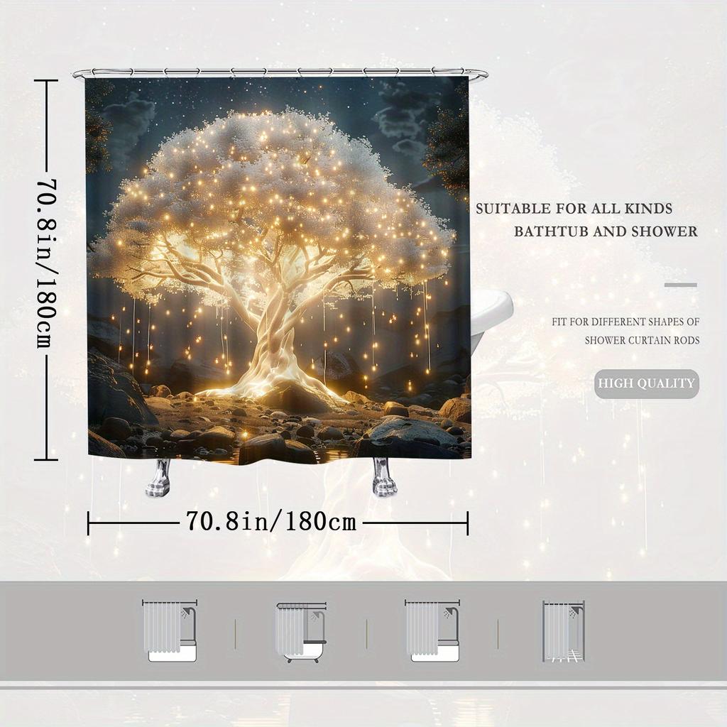 Glowing Tree Shower Curtain - Fantasy Design with Golden Lights, Ethereal Tree & Starry Night Sky, Easy to Install
