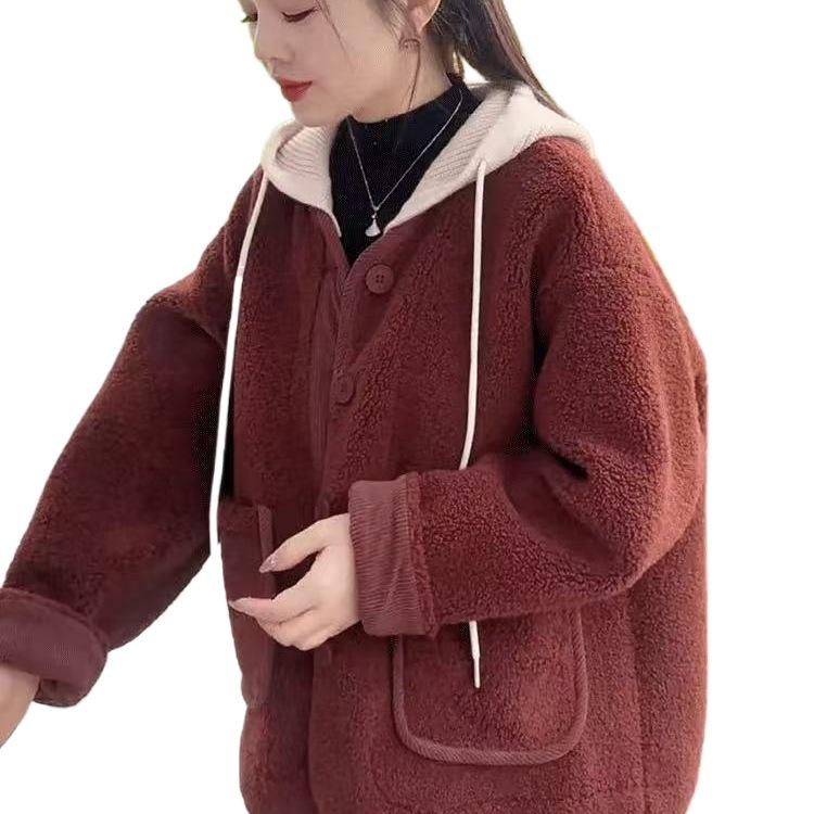 Women's Lambswool Fur-Lined Hooded Jacket - Autumn/Winter Loose Slimming Versatile Top