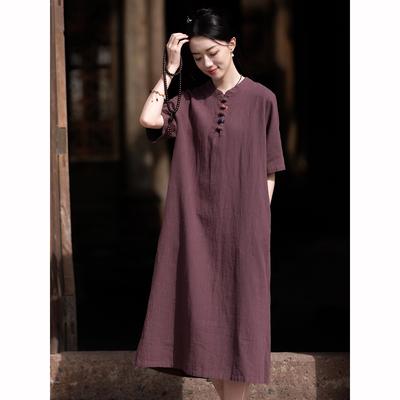 Baumwolle Leinen Damen Sommer Chinesischer Stil Stehkragen Kurzärmlig Sandgewaschen Verbessertes Cheongsam Langer Rock Damenkleid