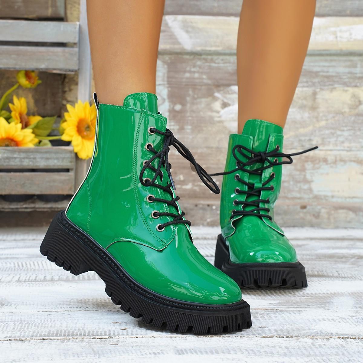 

Foreign trade Martin boots British style patent leather thick-soled lace-up medium boots locomotive boots knight boots women s short boots size 42 35 зелёный