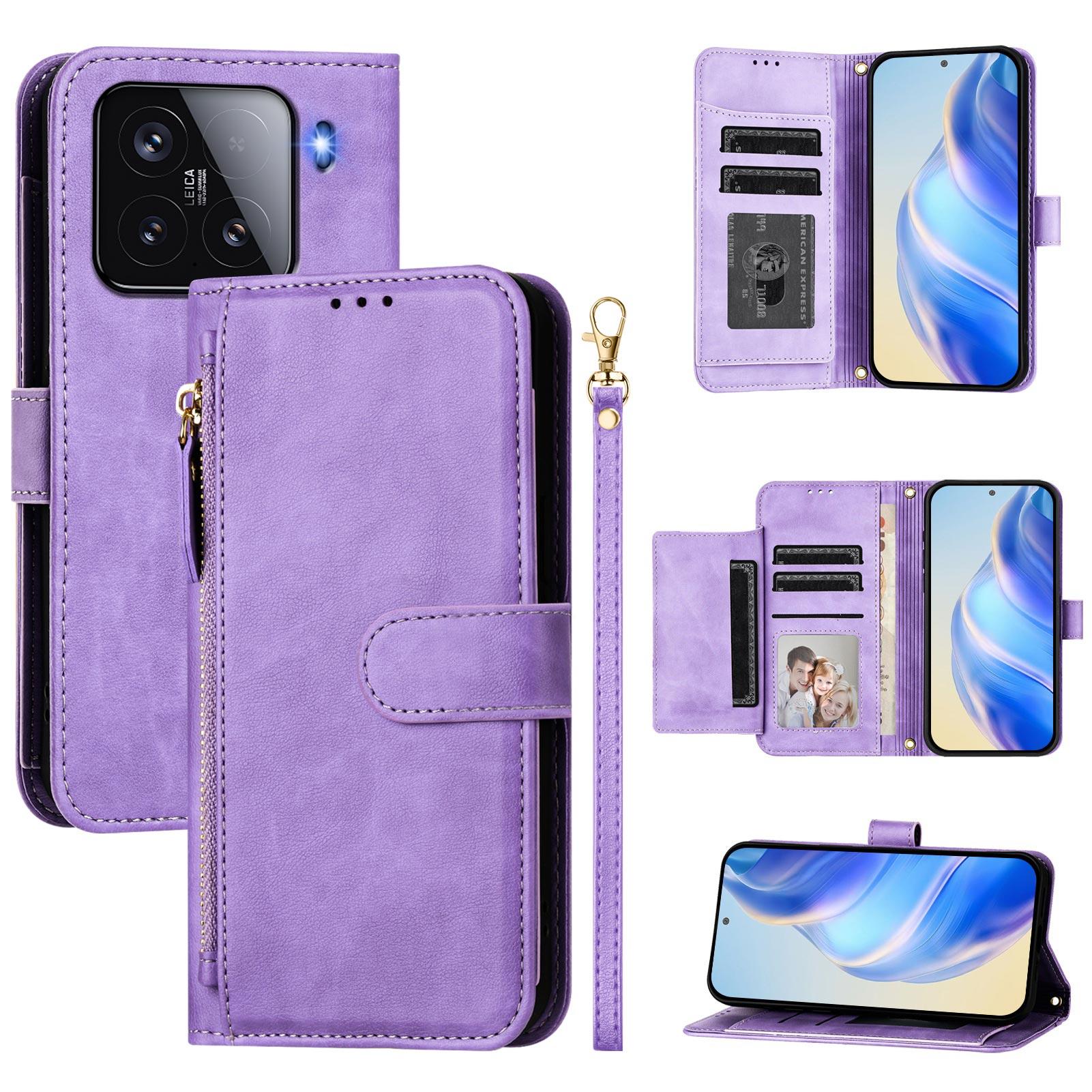 

For Xiaomi 15 Case Zipper Pocket Multiple Card Slots Leather Phone Cover Purple