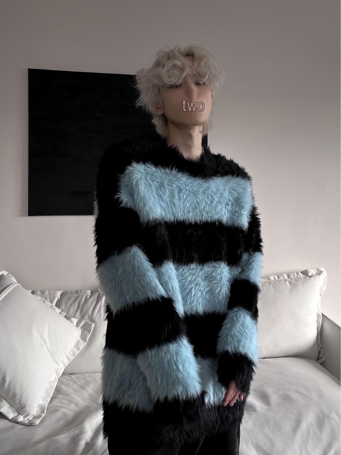 

Men s Retro Faux Mink Sweater - Contrast Stripe Knitwear, Soft & Cozy for Autumn/Winter XL синій