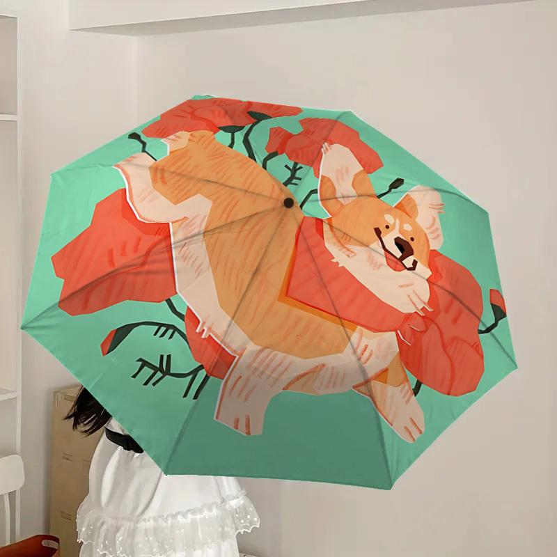 1pc Corgi, Flowers Automatic Folding Umbrella - Portable Collapsible Design, 8-Rib Iron Frame, Casual Outdoor Accessory Yy251215211