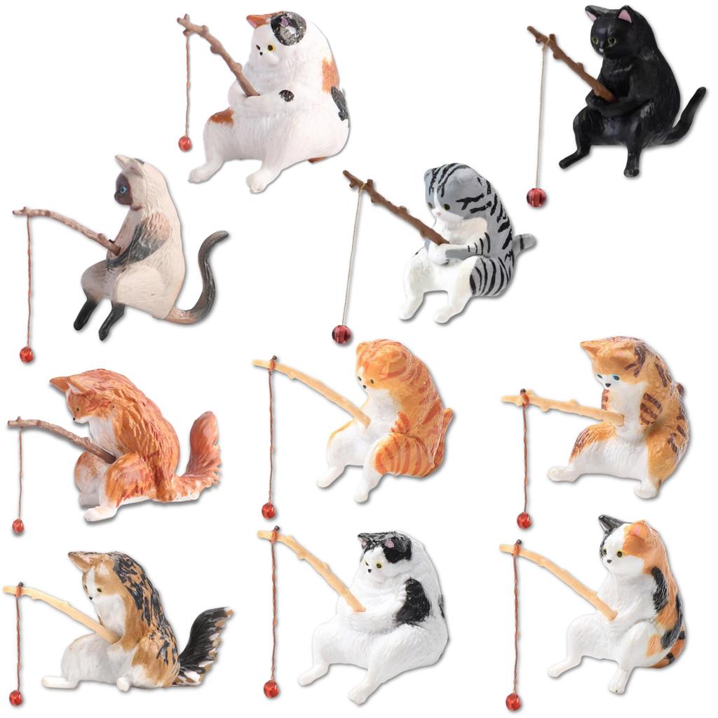 WATASHINO Cat Fishing Cat Aquarium Miniature Mini Fishing of Figurine, Ornament, Object, Toy, Toy, (Set 10)