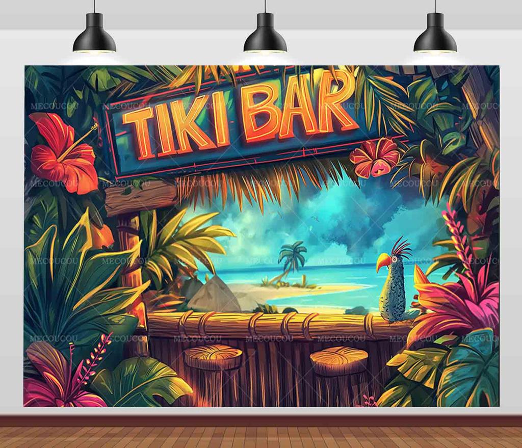 Tropische Tiki Bar Fotografie Hintergrund Blume Totem Banner Hawaii Meeresblick Hintergrund Babyparty Kindergeburtstagsparty Dekoration