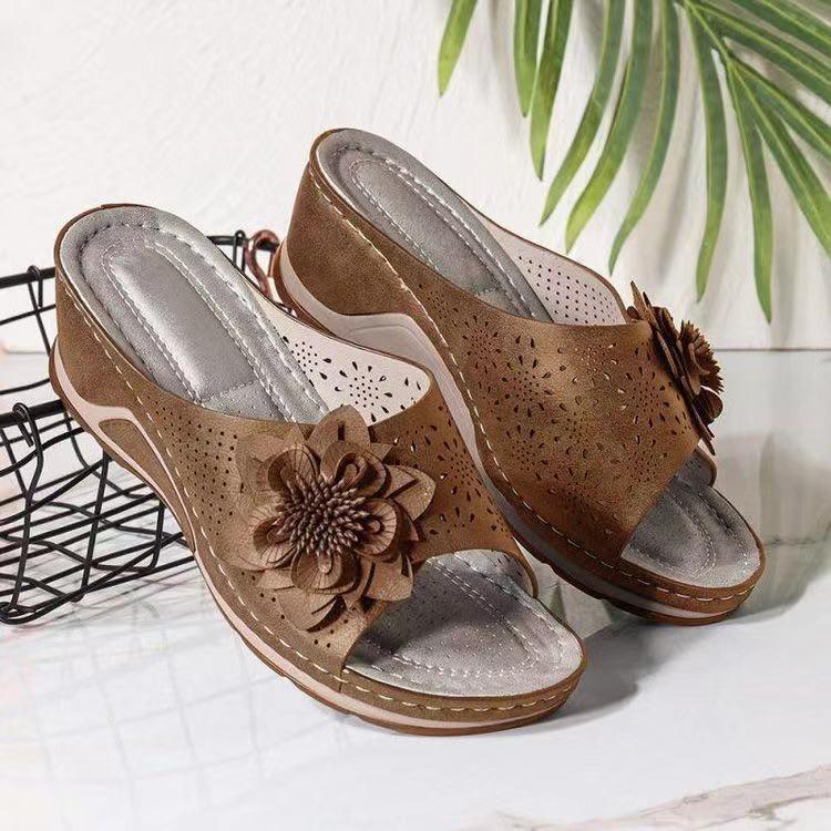Large size wedge slippers summer new hollow flower flat bottom one-word cool slippers beach shoes