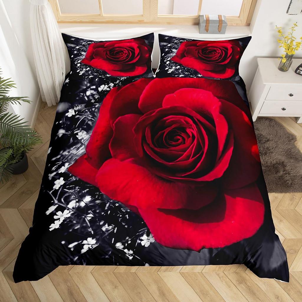 Valentine's Day Duvet Cover Queen Full Red Rose Romantic Flower Duvet Cover Heart Shaped Print Floral Black Soft Comforter Cover