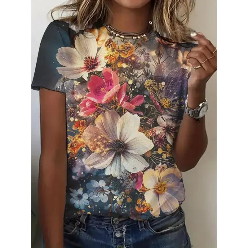 Flower Print Top Fashionable Loose Short Sleeve Simple T-Shirts Women’s