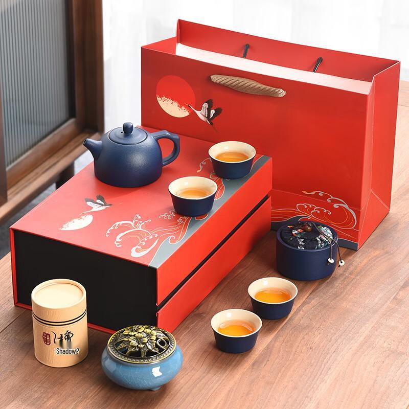 Ailanhui WZ Chinese Ceramic Kung Fu Tea Set Gift Box Rough Pottery Blue Tea Set with Red Gift Box