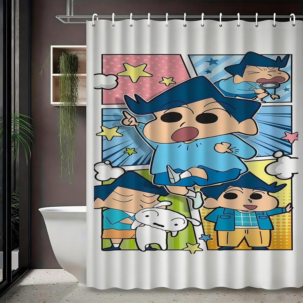 Crayon Shin-Chan Himawari & Pink Crocodile Toy Cartoon 2D Print Waterproof Shower Curtain, Minimalist White With Colorful Stars