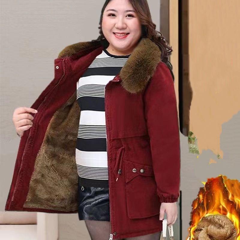 Plus Velvet Jacket, Women's Autumn and Winter Loose Padded Jacket, Mid-length Jacket, Middle-aged and Elderly Padded Jacket