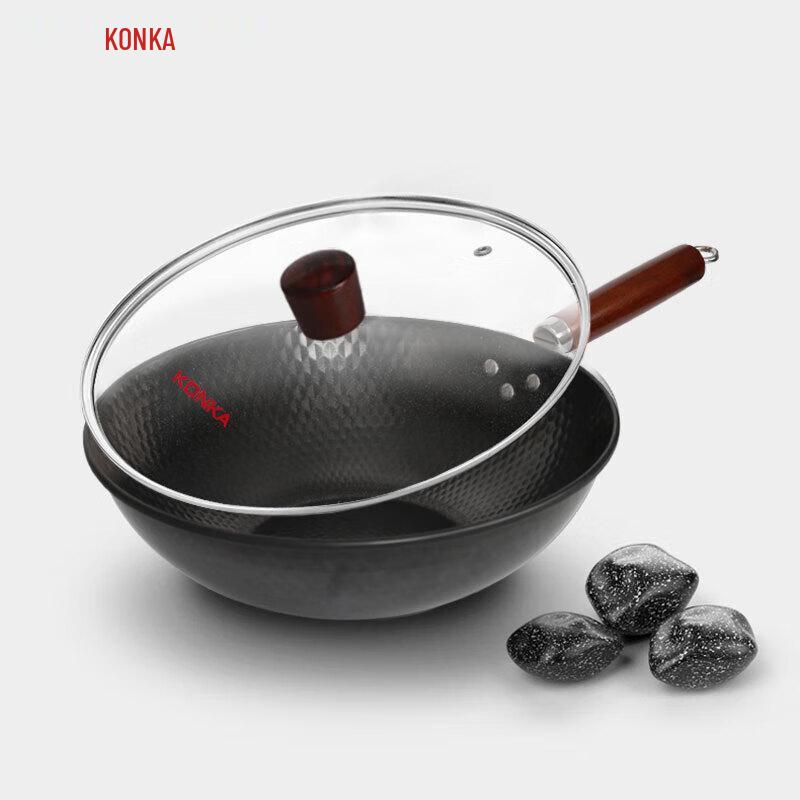 KONKA Non-stick Forged Cast Iron Wok with Glass Lid