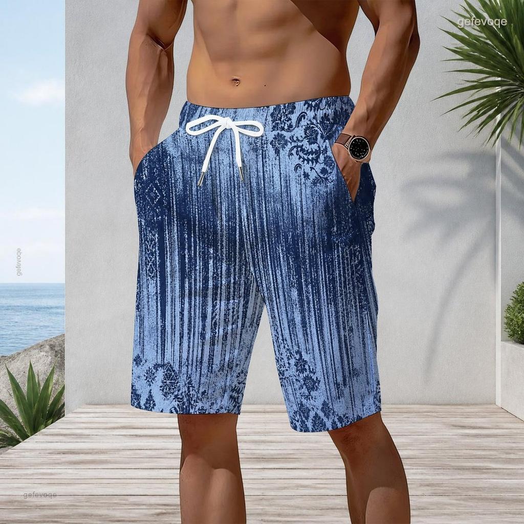 Men Plus Size Off White Watercolor Leaf Printed Beach Shorts Drawstring Waist Side Pockets Straight Leg