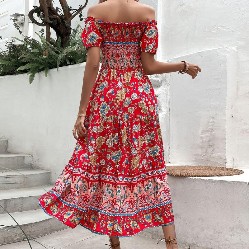 Women's Summer Vintage Ethnic Vacation Off-the-Shoulder Print Dress