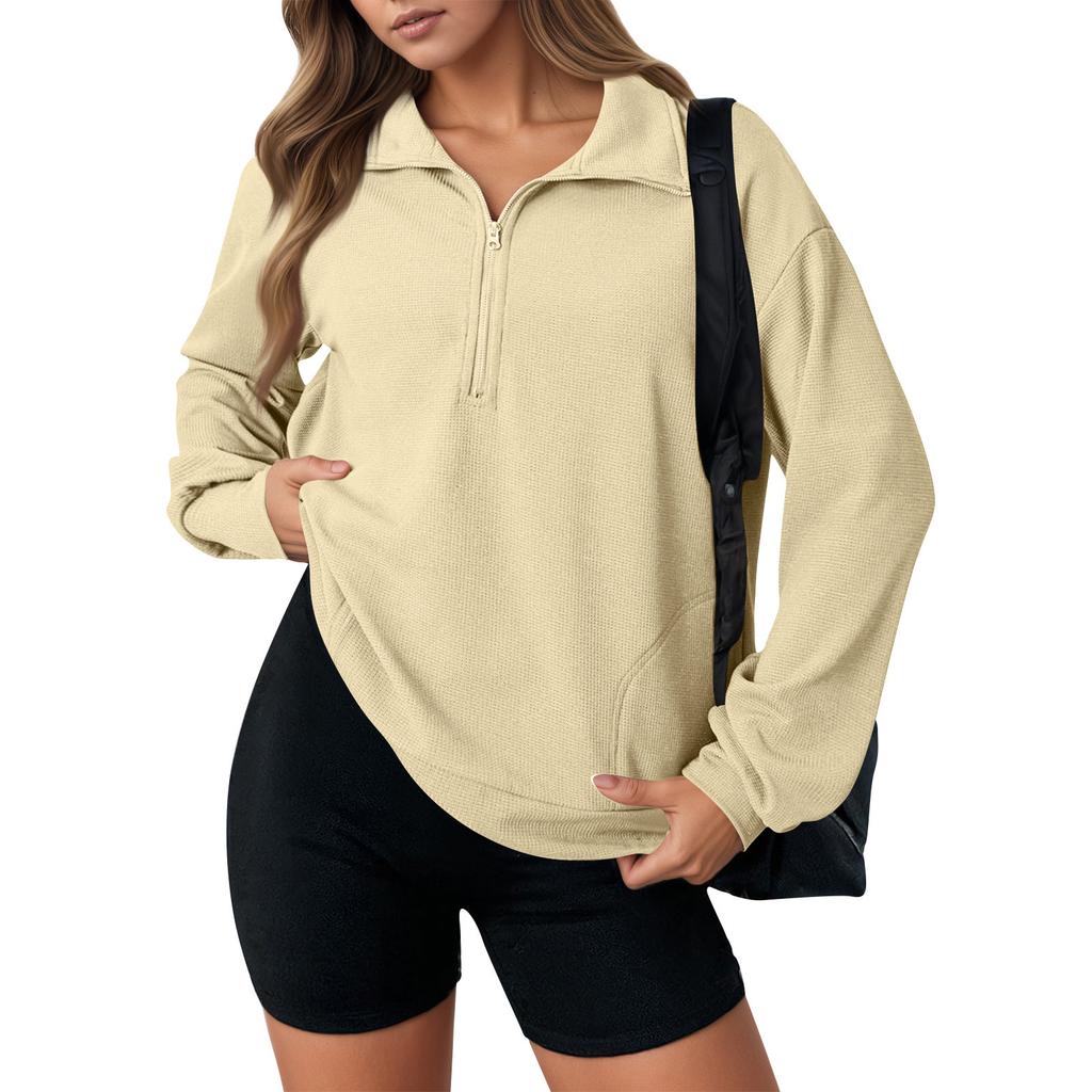 Women's Fashion Solid Color Zipper Lapel Solid Color Casual  Sweatshirt Top
