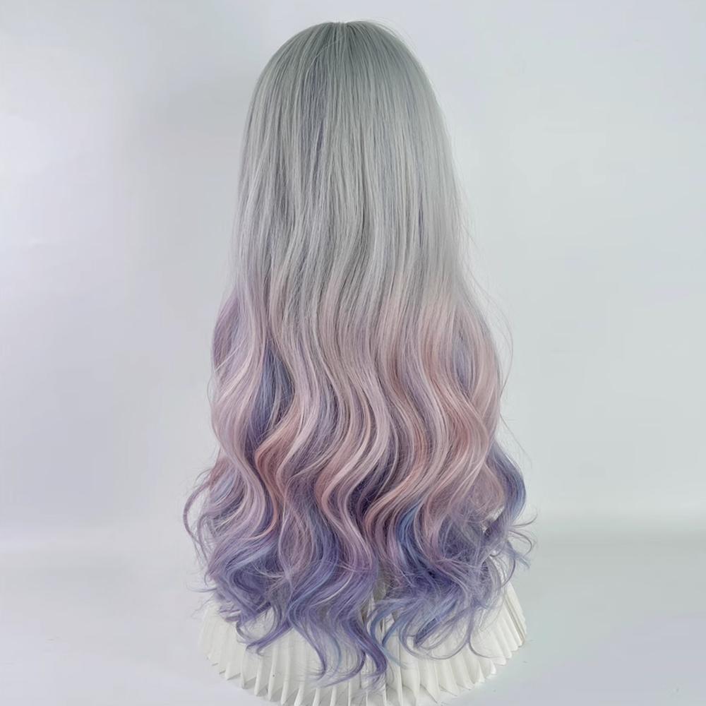 Professional  Rainbow Gray White Pink Purple Gradient Long Lolita Wavy Women Wig with Bangs Synthetic Fluffy Wig for Party Cosplay