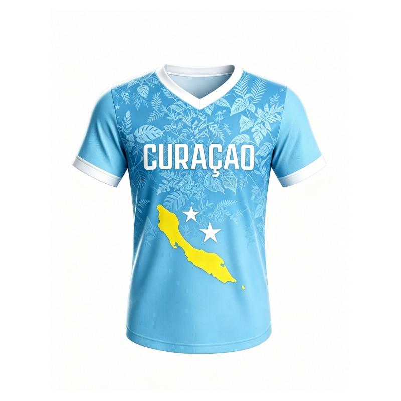 Curacao Themed Sports Short-sleeved T-shirt for Men and Women, Quick-drying and Breathable V-neck Football Training Clothes