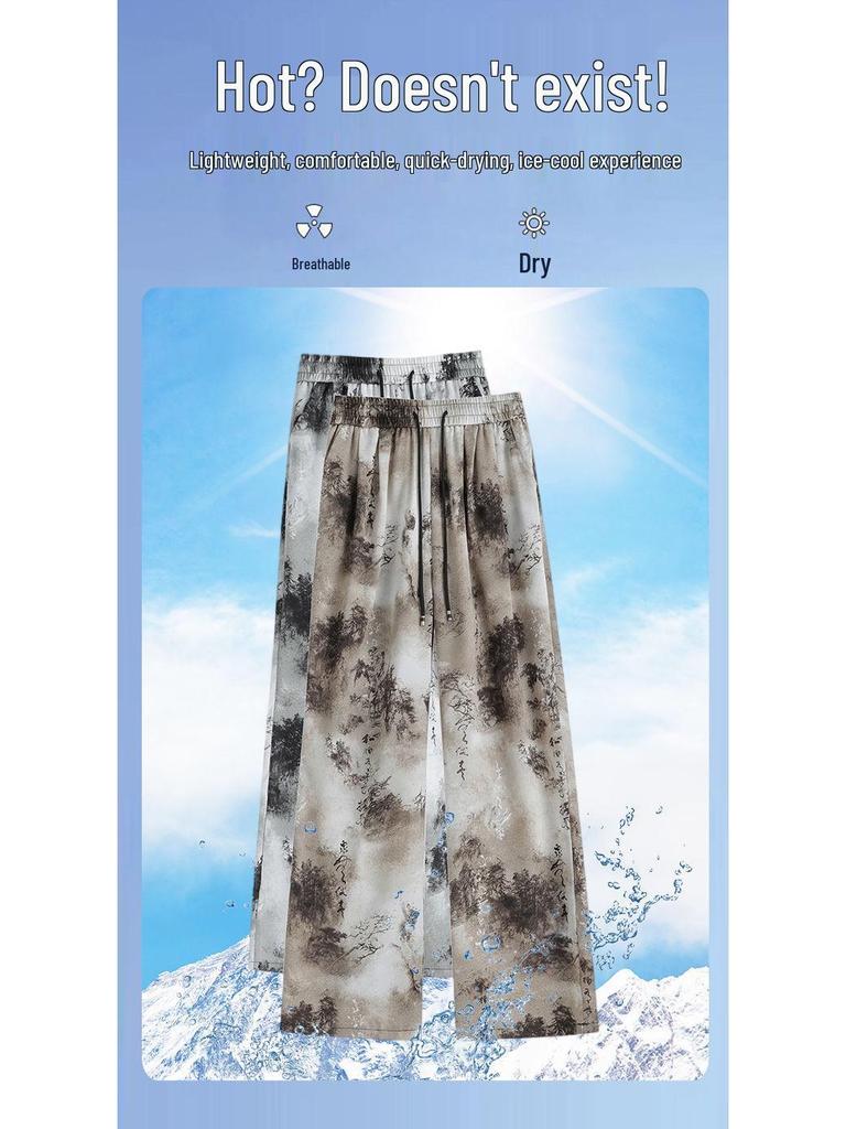 Chinese Style Ink Wash Tie-Dye High-Waisted Wide-Leg Ice Silk Pants for Women