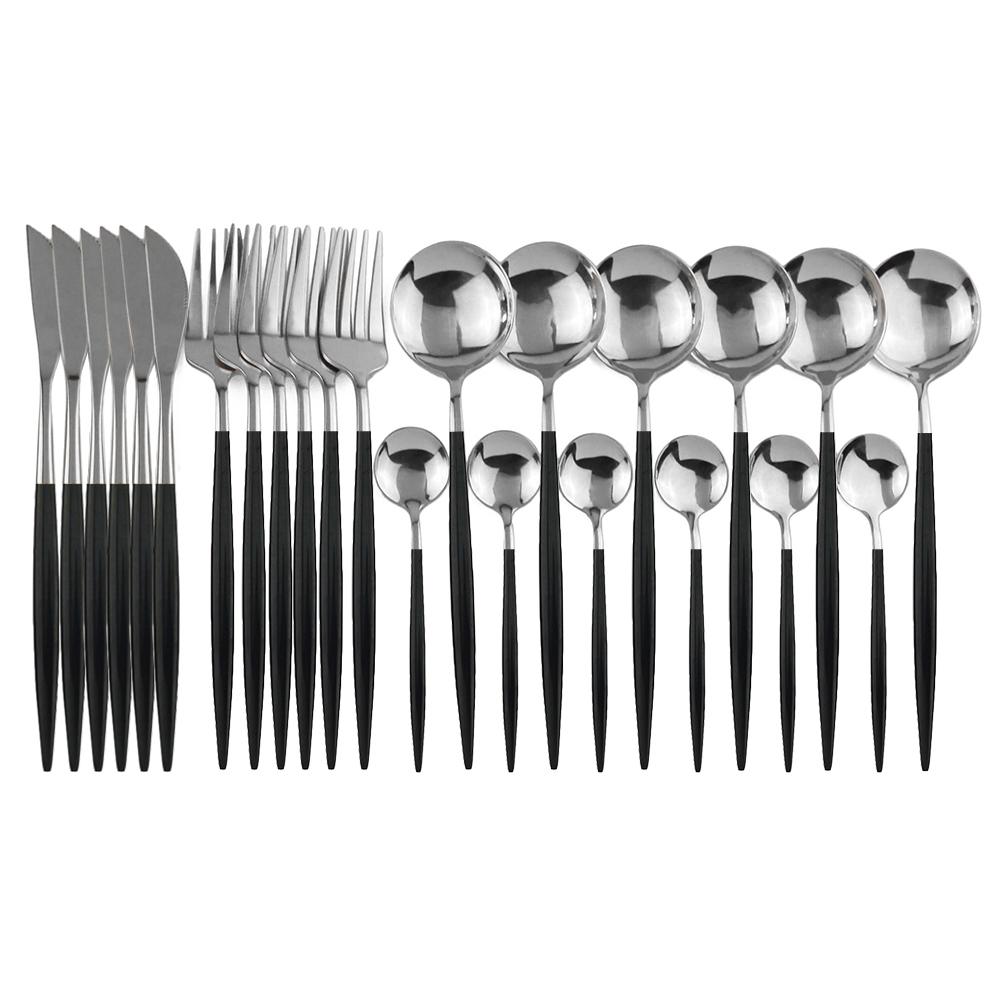 24pcs Black Gold Dinnerware Set Stainless Steel Cutlery Set Kitchen Fork Knife Spoon Tableware Set Flatware Set Silverware Set
