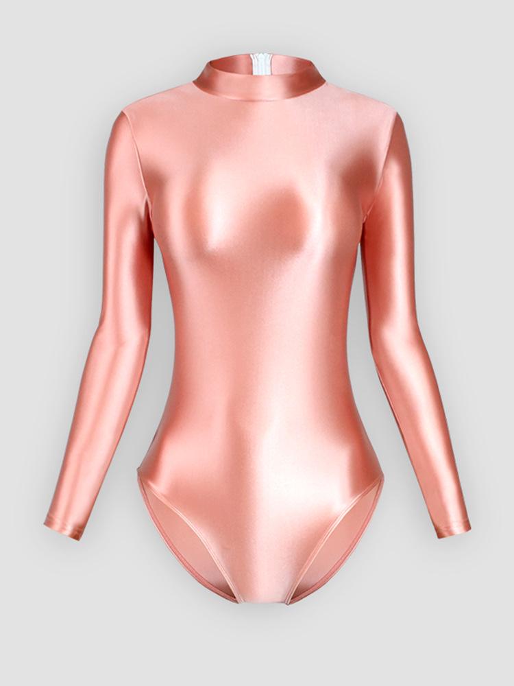 Solid Color High-Cut Rhythmic Gymnastics Leotard Ballet Dancewear - Women's Silky Luster One-Piece Swimsuit Base T-Shirt