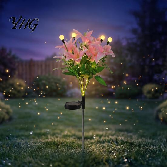 Solar Garden Lights Outdoor Waterproof 2Pcs Artificial Flower Lights, Lily Bamboo Wisteria Stake Warm White Firefly Pathway Lighting Powered for Yard