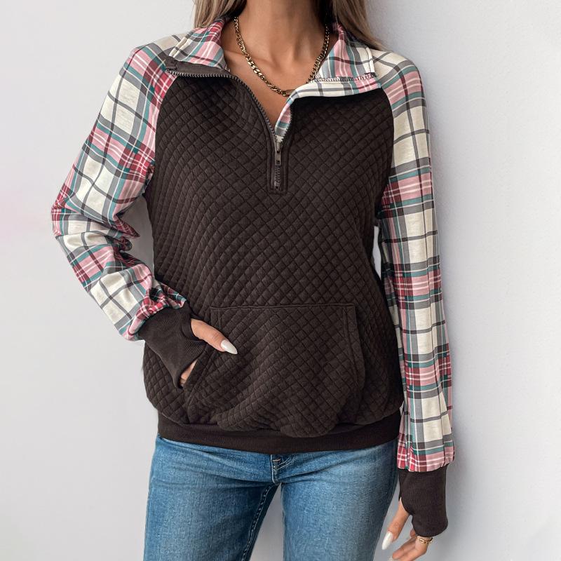 2025 New Autumn Retro Women's Plaid Patchwork Pullover Sweatshirt