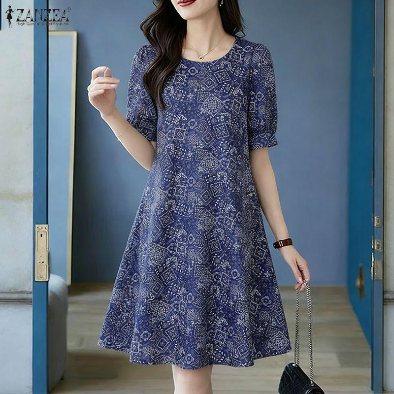 ZANZEA Women Casual Round Neck Summer Short Sleeve Dress