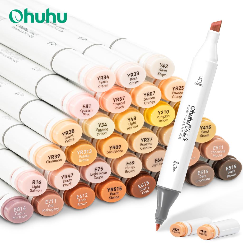 Ohuhu Oahu 36 Colori Tonalità Pelle Set Pennarelli Alcolici per Arte Doppia Punta Pennarello in Feltro Schizzo Disegno Graffiti Manga Arte Scolastica
