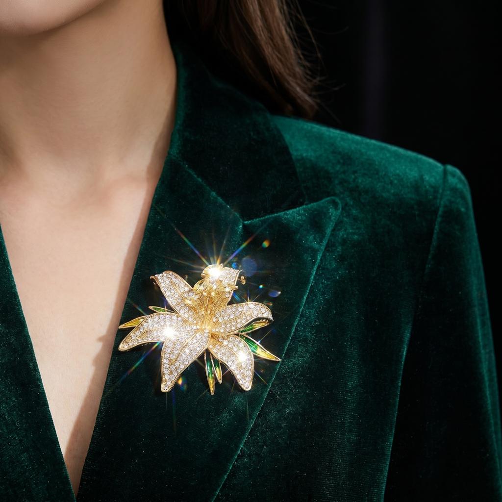 Crystal Lily Flower Brooch Pin with Rhinestone Detailing for Suit Dress Shirt Scarf Bag Jacket Lapel Accessories