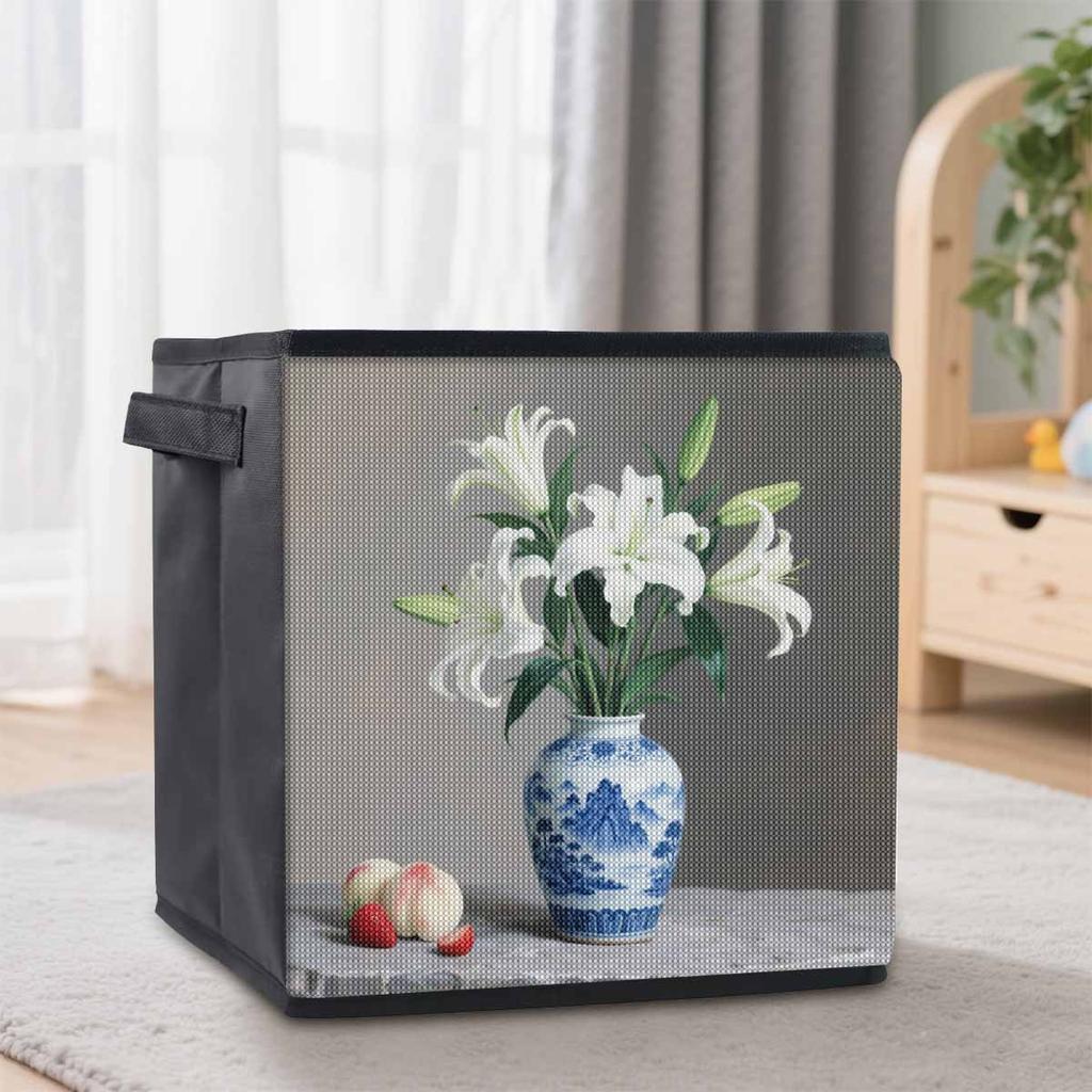 Weiße Lilien 5D Diamantmalerei Aufbewahrungskorb Vollrundbohrer Mosaik Diamantstickerei Kreuzstich-Kits Heimdekoration Heimdekoration