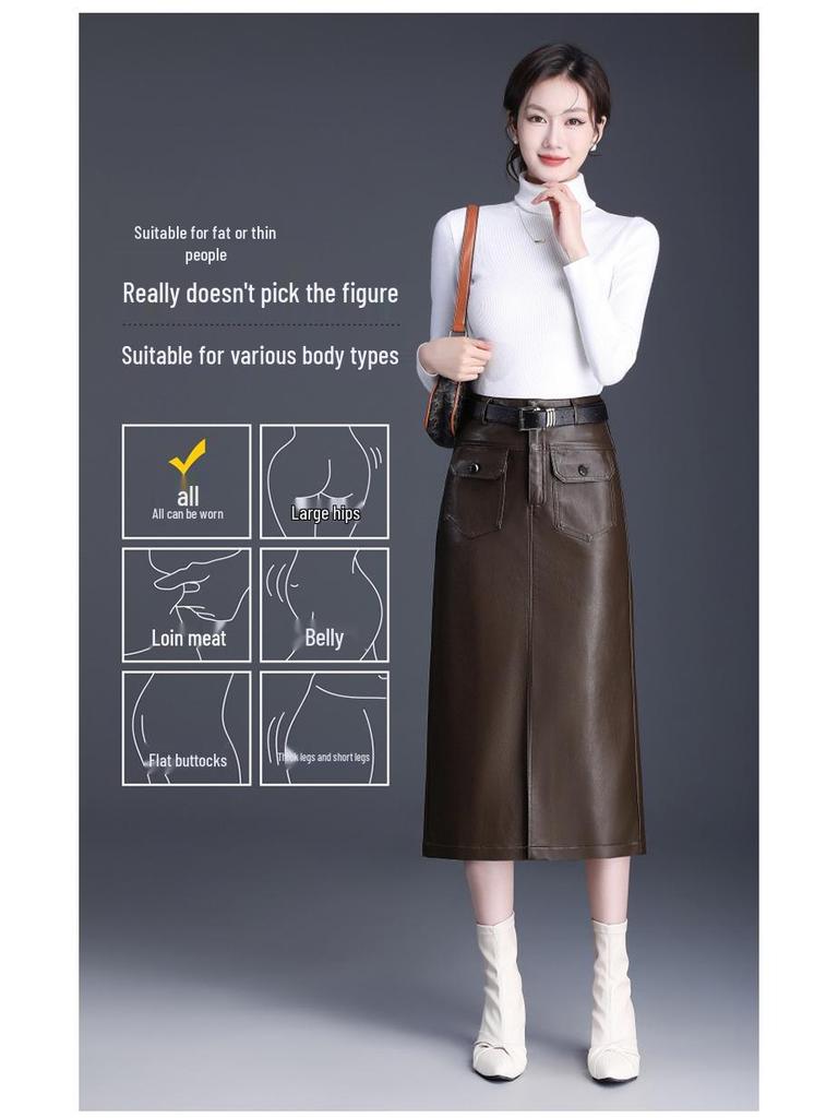 Modischer Damen-Lederrock aus Lammleder mit Schlitz - Hohe Taille, Mittellang, Faltenmildernd, Trendiger Pendlerstil.