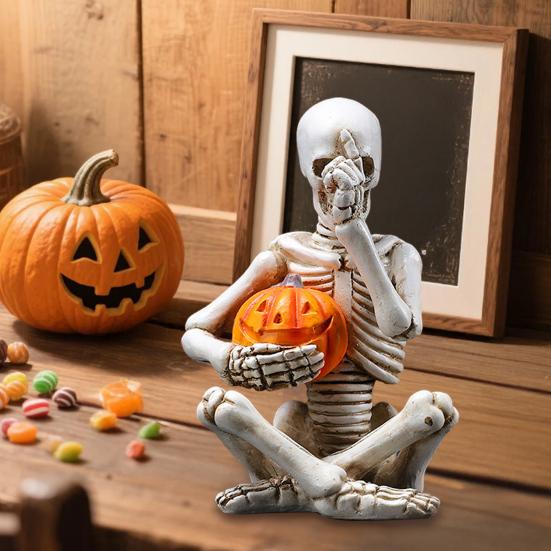 Halloween Holding Pumpkin Skeleton Figurine Creepy Sitting Skeleton Resin Statue