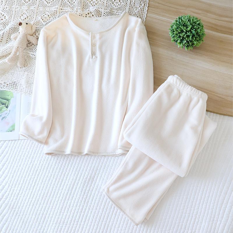 2026 New Autumn/Winter Women's Pajama Set 100% Flannel Round Neck Thickened Solid Color Home Clothes Long Sleeve Two Piece Set